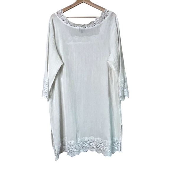TALBOTS 100% Cotton Lace Trimmed Mini Dress / Beach Coverup 3/4 Sleeves US Sz 2X - Picture 3 of 8